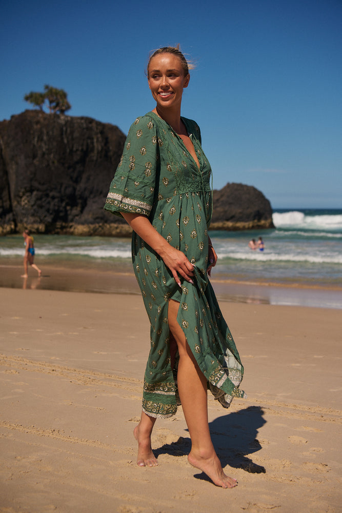 Jaase Meadow Maxi Dress with V Neck Button Bodice - Viridian