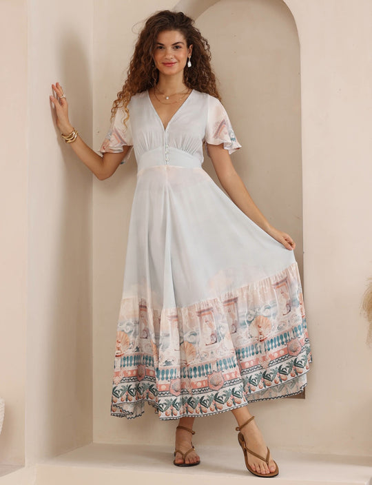 Iris Maxi Stacey Maxi Dress with V Neck Flutter Sleeve Empire Waist - Josephine