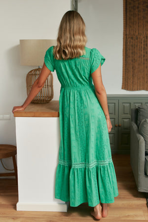 Jaase Carmen 100% Cotton Embroidered Maxi Dress with Cap Shell Sleeve V Neck Pockets Buttoned - Emerald