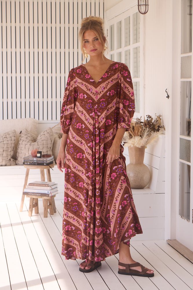 Jaase London Maxi Dress with V Neck Relaxed Shift - Savanna - Style House Fashion Jaase