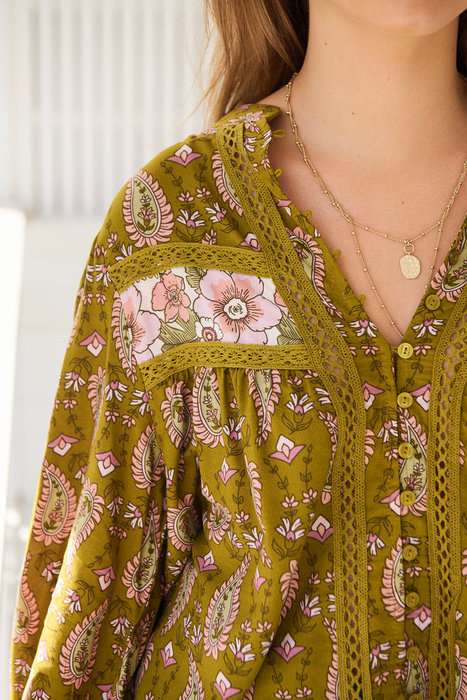 Jaase Bee Blouse Top with Mandarin Collar V Neck Buttons Lace Detail - Amalie - Style House Fashion Jaase Jaase Jaase Jaase