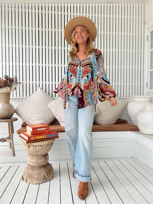 Jaase Imogen Blouse Top with V Neck Tie Buttoned Front - Wild Hearts - Style House Fashion Jaase