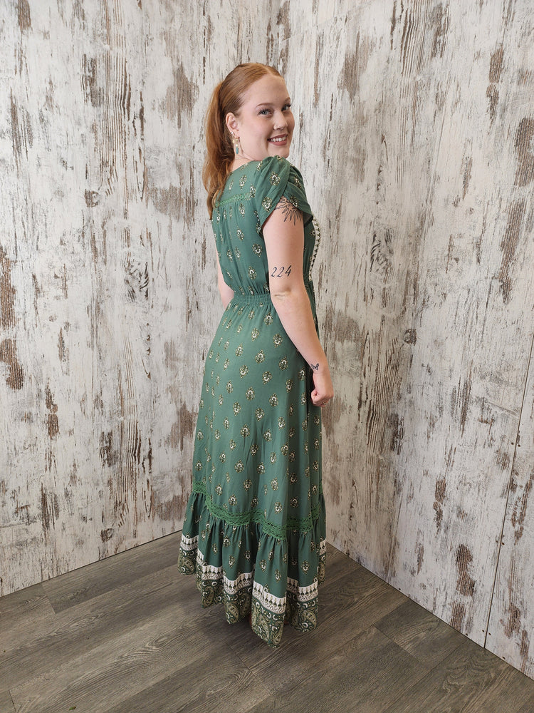 Jaase Carmen Maxi Dress with Cap Shell Sleeve V Neck Pockets Buttoned - Viridian - Style House Fashion Jaase Jaase Jaase Jaase Jaase Jaase