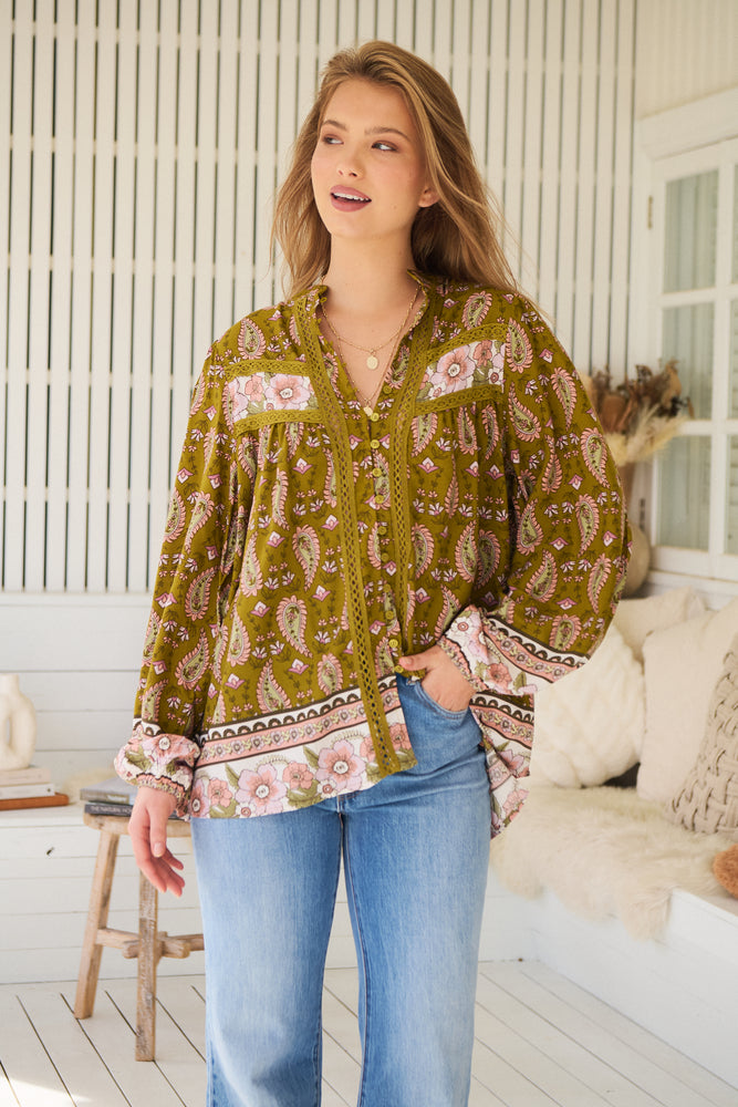 Jaase Bee Blouse Top with Mandarin Collar V Neck Buttons Lace Detail - Amalie - Style House Fashion Jaase Jaase Jaase Jaase