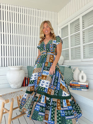 Jaase Carmen Maxi Dress with Cap Shell Sleeve V Neck Pockets Buttoned - Emerald Cove - Style House Fashion Jaase Jaase Jaase