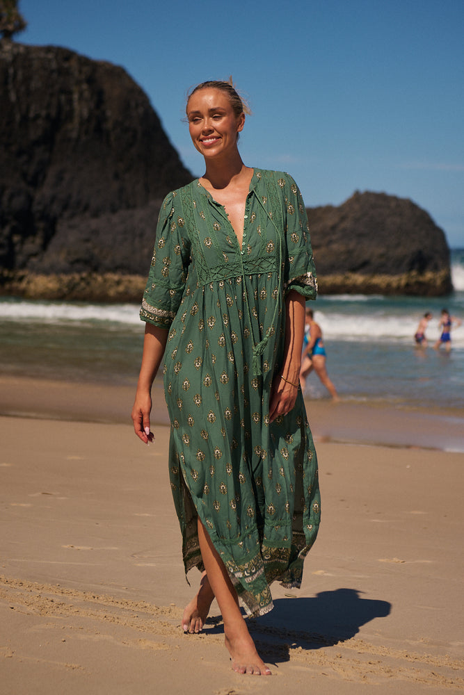 Jaase Meadow Maxi Dress with V Neck Button Bodice - Viridian