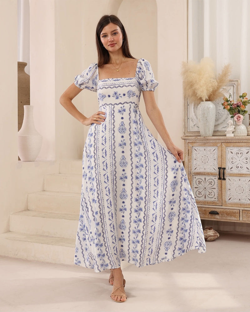 Iris Maxi Meg Maxi Dress with Square Neck Shirred Back Pockets - Sicily