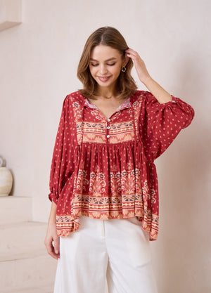 Iris Maxi Janie Blouse Tunic Top with V Neck Tie - Ruby - Style House Fashion Style House Fashion Style House Fashion