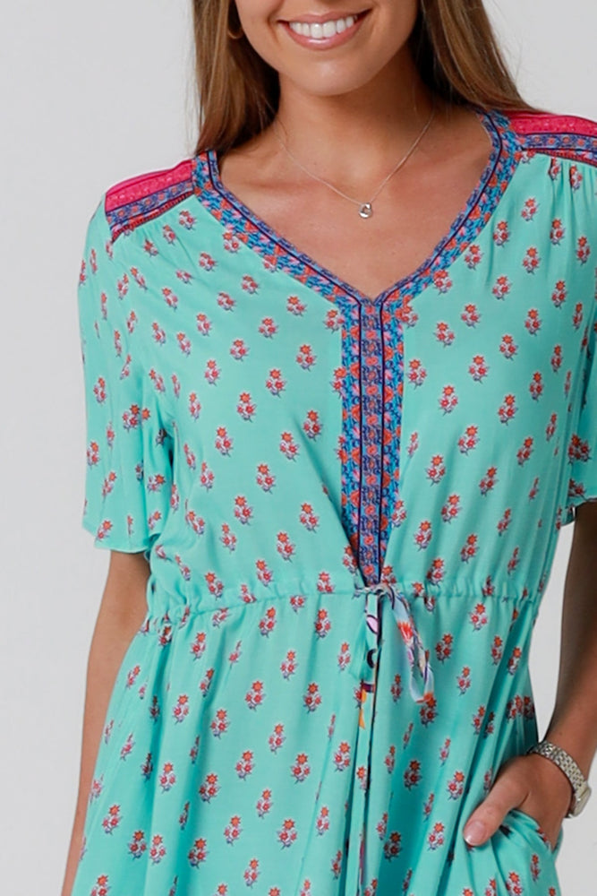 Isabella Wrenlea Mini Dress with V-Neck Pockets - Aqua Floral