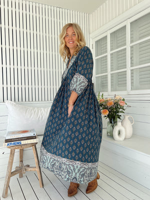 Jaase Boheme Midi Dress with Mandarin Collar V Neck Pockets - Nico - Style House Fashion Jaase Jaase