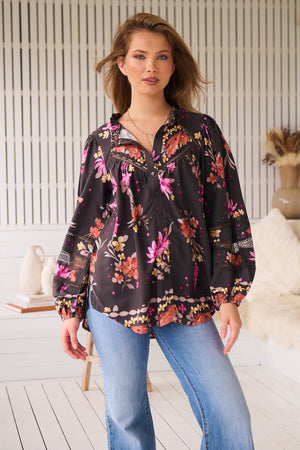 Jaase Eliza Blouse with V-Neck Lace Buttons Balloon Sleeve - Monarch Bloom - Style House Fashion