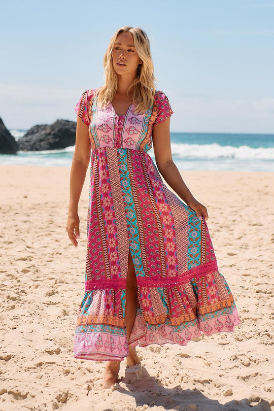 Jaase Carmen Maxi Dress with Cap Shell Sleeve V Neck Pockets Buttoned - Cedella