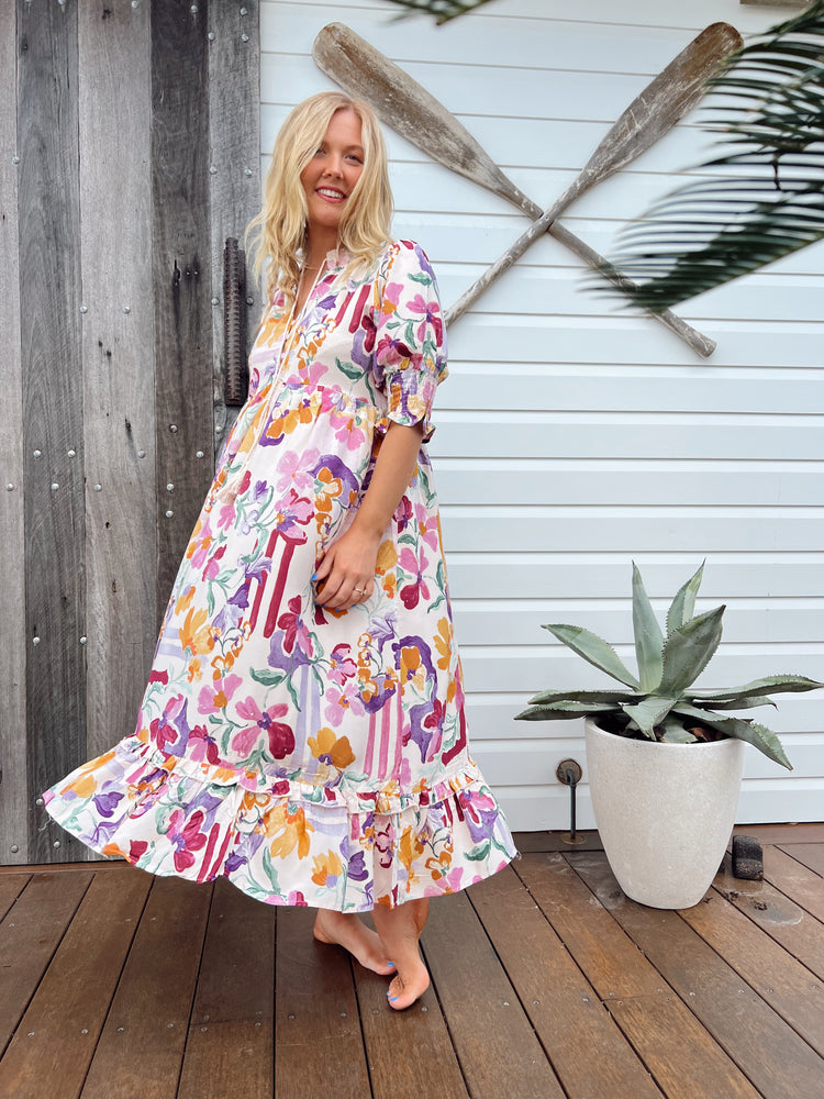 Jaase Kora Midi Dress with Tie Up V Neck Pockets Short Sleeve - Sweet Lilly - Style House Fashion Jaase Jaase