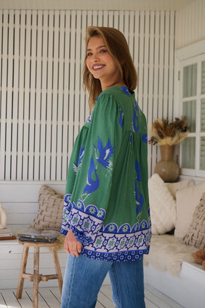 Jaase Bee Blouse Top with Mandarin Collar V Neck Buttons Lace Detail - Bluebird - Style House Fashion Jaase