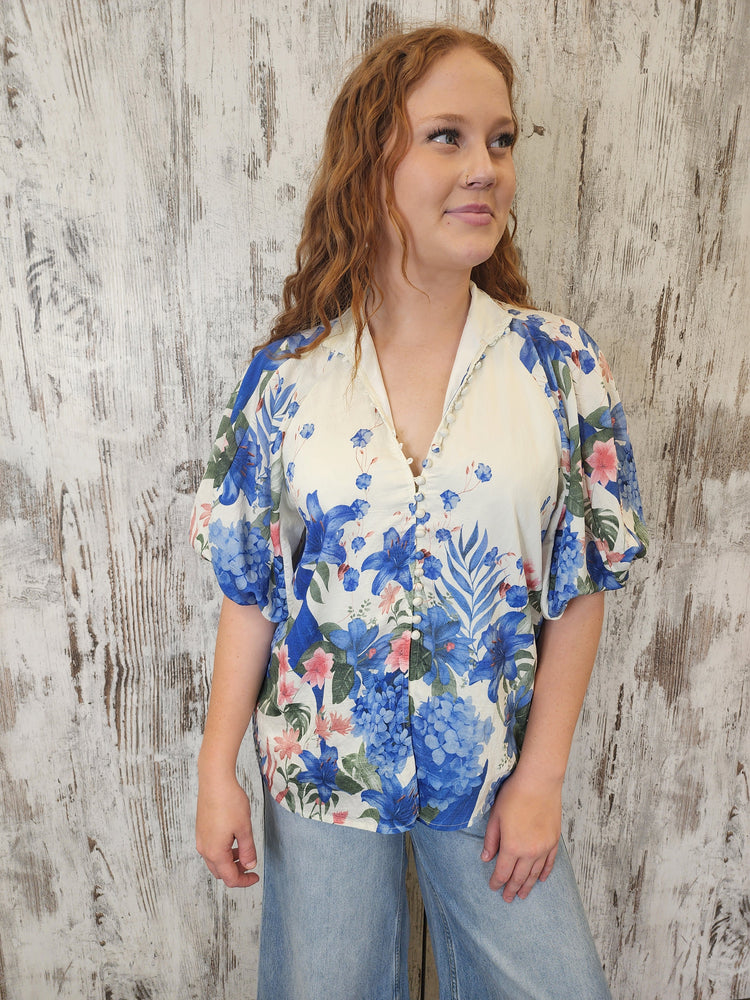 Iris Maxi Mia Cotton Blouse Top with V-Neck Puff Sleeve Buttons - Hydrangea