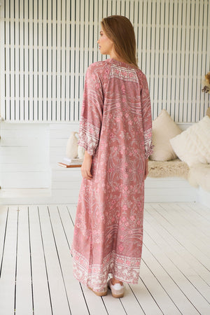 Jaase Bree Maxi Dress with V Neck Button Bodice Elastic Frill Sleeve - Angelina