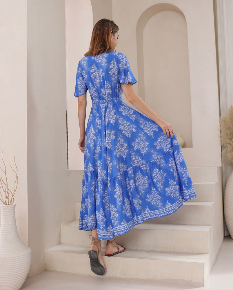 Iris Maxi Stacey Maxi Dress with V Neck Flutter Sleeve Empire Waist - Bluebell - Style House Fashion Iris Maxi