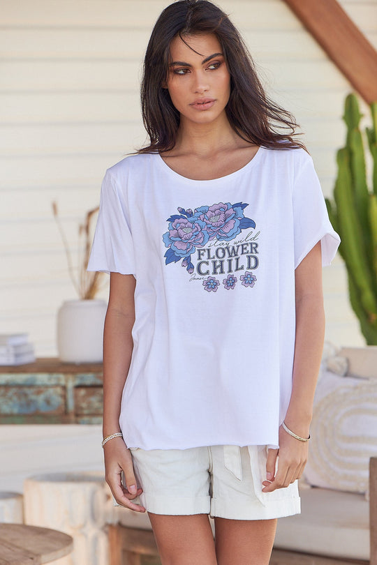 Jaase Flower Child Vintage Graphic T-Shirt with Raw Edge Round Neck - White