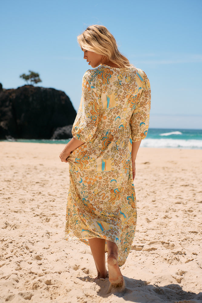 Jaase Ivy Midi Dress with Half Sleeve V Neck Buttons - Sonnie - Style House Fashion Jaase