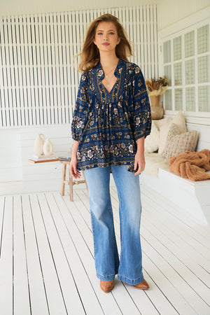 Jaase Boheme Blouse Top with Mandarin Collar V Neck Pockets - Adeline - Style House Fashion Jaase