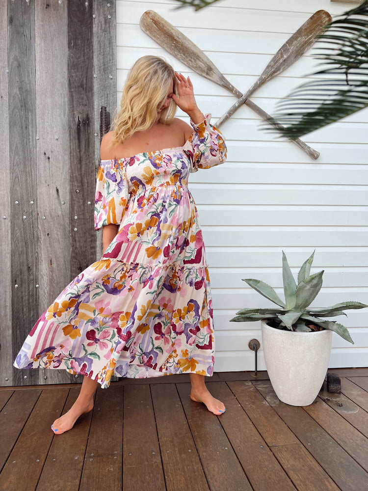 Jaase Tulli Midi Dress with Shirred Bodice Pockets Puff Sleeve - Sweet Lilly - Style House Fashion Jaase Jaase Jaase
