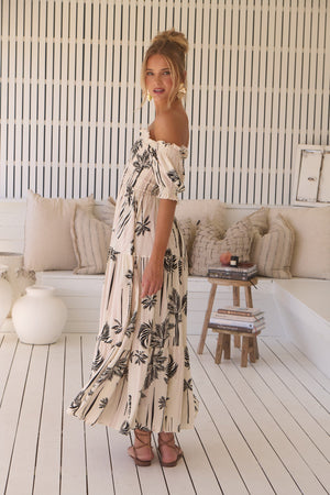 Jaase Claudette Maxi Dress With Shirred Bodice Puff Sleeve Off Shoulder Tiered Skirt - Serene - Style House Fashion Jaase Jaase