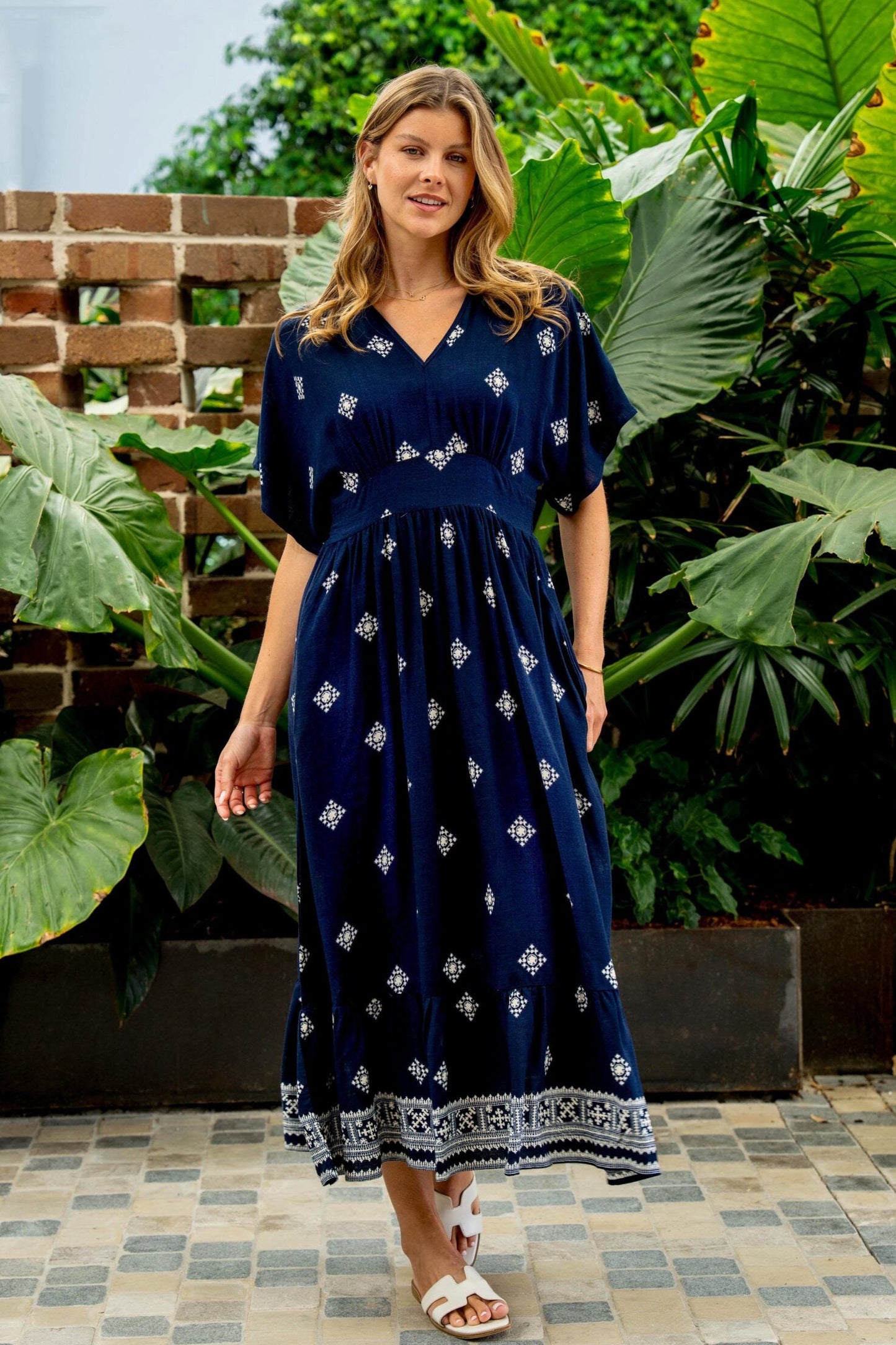 Boho Australia Reese Midi Dress with V-Neck Buttons Pockets - Navy Flourish - Style House Fashion