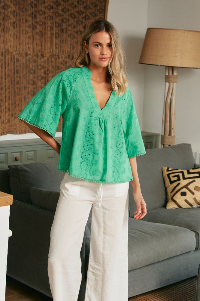 Jaase Gabriella 100% Cotton Embroidered Blouse Top with V Neck Lantern Sleeve - Emerald