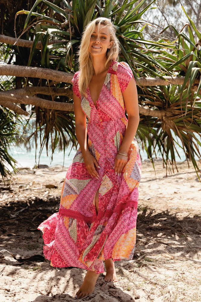 Jaase Carmen Maxi Dress with Cap Shell Sleeve V Neck Pockets Buttoned - Viva Bonita