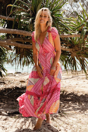 Jaase Carmen Maxi Dress with Cap Shell Sleeve V Neck Pockets Buttoned - Viva Bonita
