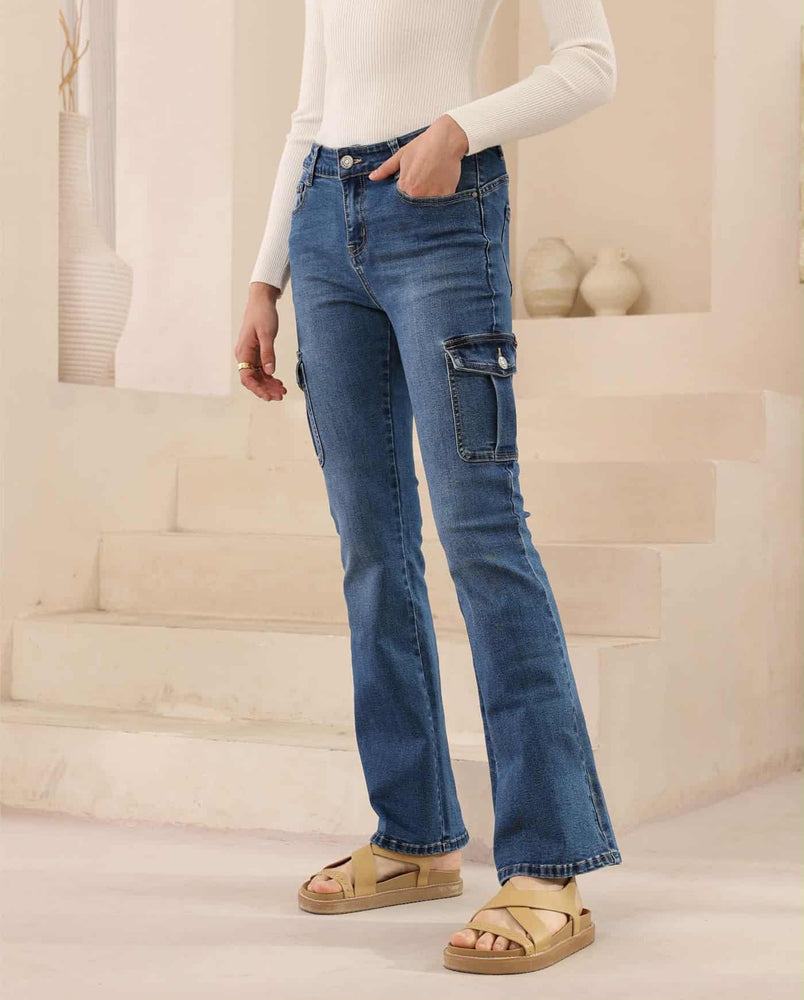 Iris Maxi Jenna Stretch Mid Low Rise Cargo Boot Leg Denim Jeans - Mid Blue