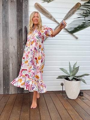 Jaase Kora Midi Dress with Tie Up V Neck Pockets Short Sleeve - Sweet Lilly - Style House Fashion Jaase Jaase