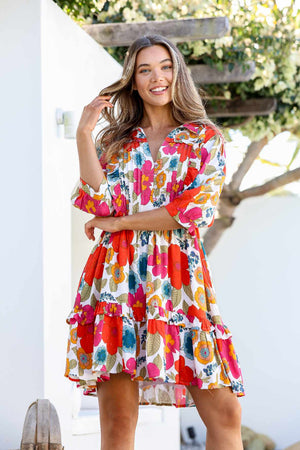 Joop & Gypsy Kelly Mini Dress V Neck Pockets - Red Tropics - Style House Fashion