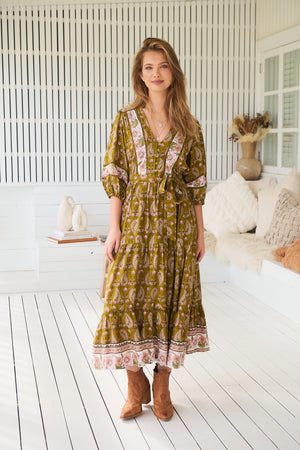 Jaase Mila Midi Dress with V Neck Billowy Sleeve - Amalie - Style House Fashion Jaase