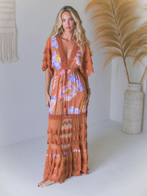 Jaase Bungalow Cotton Lace Maxi Dress with V-Neck Lace Drawstring Batwing Sleeve -Amara Bloom - Style House Fashion Jaase