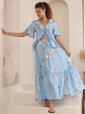 Iris Maxi Jayde Boho Frilled Blouse V Neck Buttoned - Sapphire Bloom