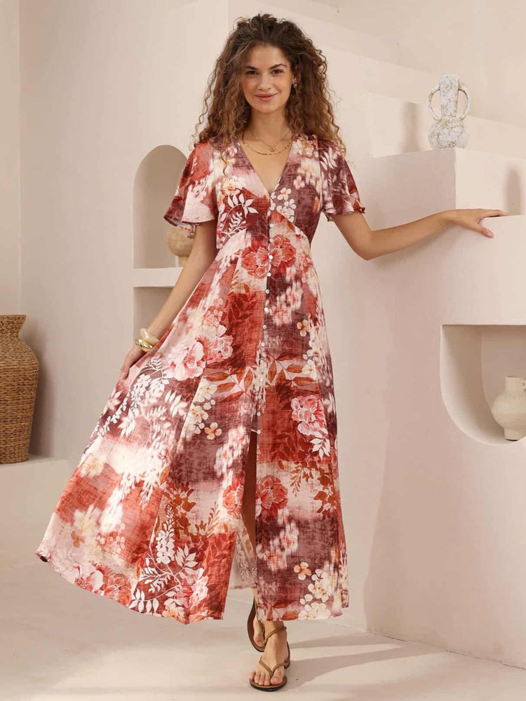 Iris Maxi Stacey Maxi Dress with V Neck Flutter Sleeve Empire Waist - Rylee - Style House Fashion Iris Maxi