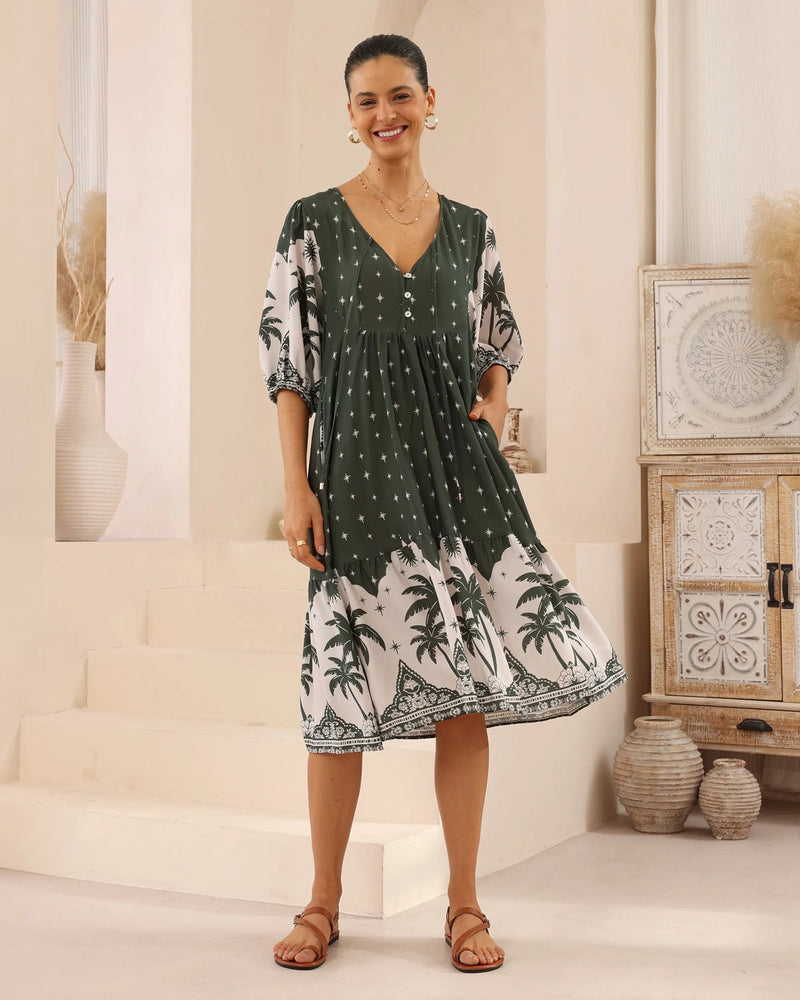 Iris Maxi Dell Midi Dress with Pockets V Neck - Olivine - Style House Fashion Iris Maxi Iris Maxi Iris Maxi Iris Maxi