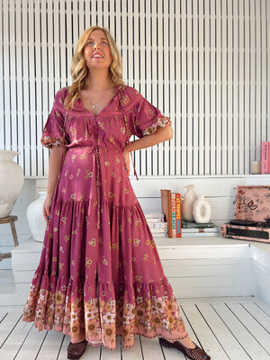 Jaase Elsa Maxi Dress with Button Bodice Puff Sleeve Lace Detail - Bee Orchid - Style House Fashion Jaase