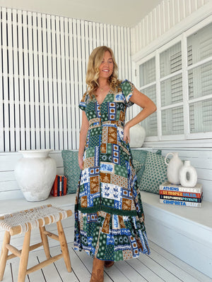 Jaase Carmen Maxi Dress with Cap Shell Sleeve V Neck Pockets Buttoned - Emerald Cove - Style House Fashion Jaase Jaase Jaase
