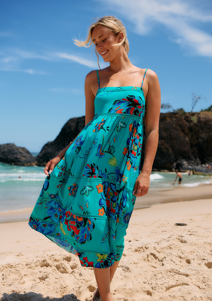 Jaase Heidi Midi Dress with Square Neck Shirred Back Adjustable Straps - Isla Mare - Style House Fashion Jaase Jaase