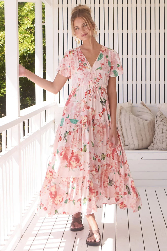 Jaase Teresia Maxi Dress with Flutter Sleeve V Neck Button Bodice Drawstring Waist - Alessia