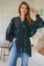 Jaase Paloma Blouse V Neck Tunic Long Billowy Sleeve - Midnight Lilly - Style House Fashion Jaase