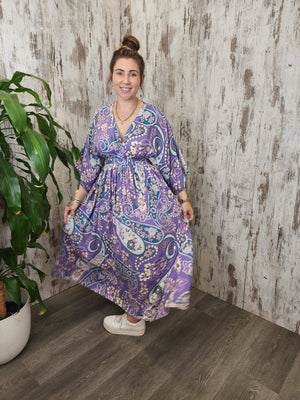 Salty Bright Carly Maxi Dress with V Neck Caftan Style Sleeve - Periwinkle