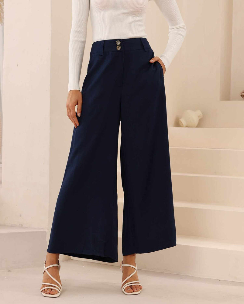 Iris Maxi Joplin Silk Linen Pants with Button Zip Front - Navy - Style House Fashion Iris Maxi