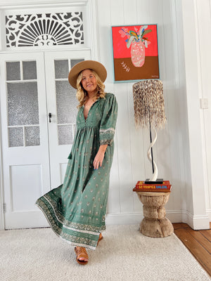 Jaase Meadow Maxi Dress with V Neck Button Bodice - Viridian - Style House Fashion Jaase