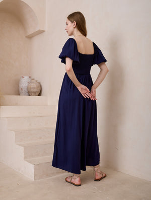 Iris Maxi Sienna Jumpsuit with Shirred Bodice Pockets  - Navy - Style House Fashion Iris Maxi