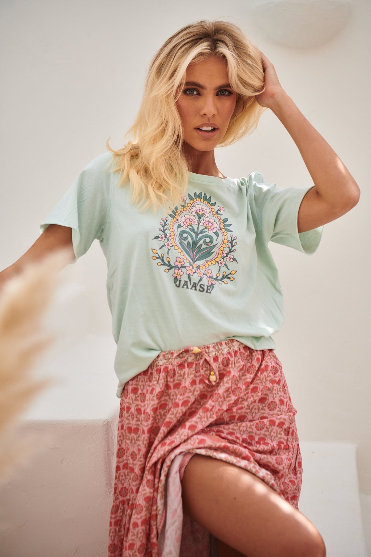 Jaase Flora Vintage Graphic T-Shirt with Raw Edge Round Neck - Aqua - Style House Fashion