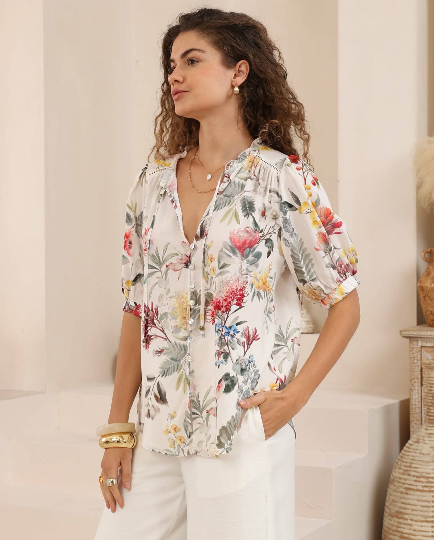 Iris Maxi Kelly Bohemian Blouse with V-Neck Tie Buttoned - Botanica - Style House Fashion