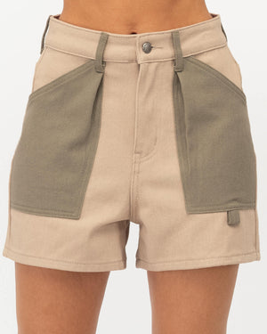 Paper Heart Olivia High Rise Two Tone Shorts - Khaki Bone - Style House Fashion